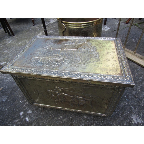 1827 - Brass Cased Log Box with Embossed Decoration Approximately 20 Inches Wide