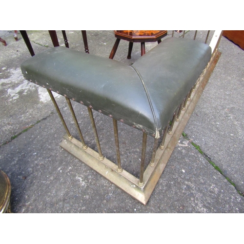 1832 - Antique Cast Brass Green Leather Upholstered Club Vendor Approximately 5ft Wide Rail Form Decoration