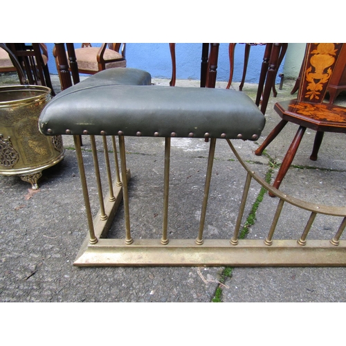 1832 - Antique Cast Brass Green Leather Upholstered Club Vendor Approximately 5ft Wide Rail Form Decoration