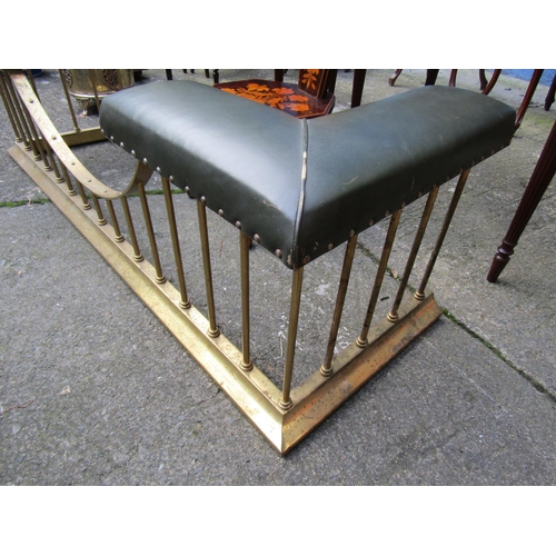 1832 - Antique Cast Brass Green Leather Upholstered Club Vendor Approximately 5ft Wide Rail Form Decoration