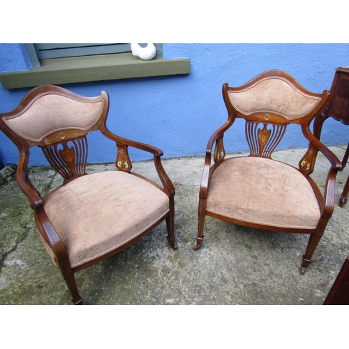 1833 - Pair of Victorian Inlaid Rosewood Armchairs Shaped Tapering Supports