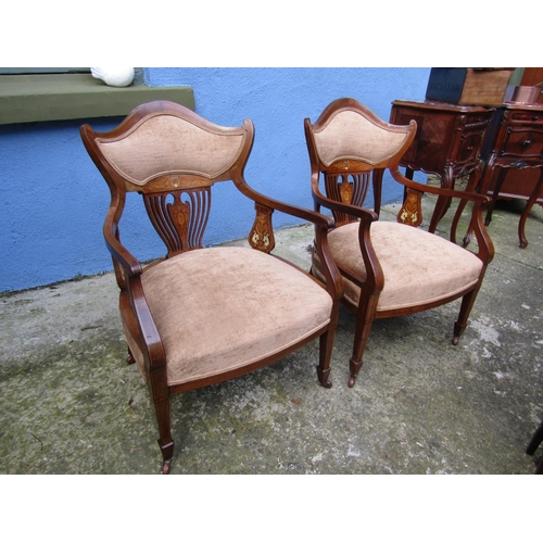 1833 - Pair of Victorian Inlaid Rosewood Armchairs Shaped Tapering Supports