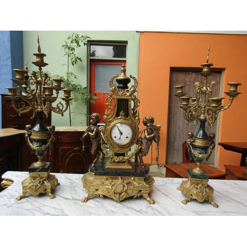 1838 - Three Part Ormolu Mounted Clock Suite Generous Form Cherub Motifs Clock Approximately 18 Inches High