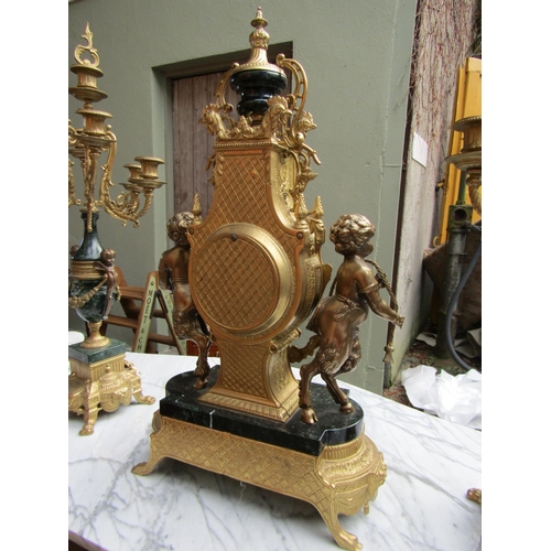 1838 - Three Part Ormolu Mounted Clock Suite Generous Form Cherub Motifs Clock Approximately 18 Inches High