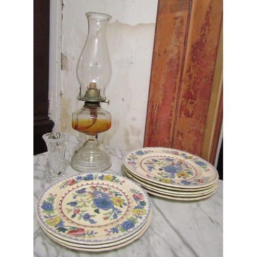 1845 - Crystal Oil Lamp and Various Masons Dinner Plates Quantity as Photographed