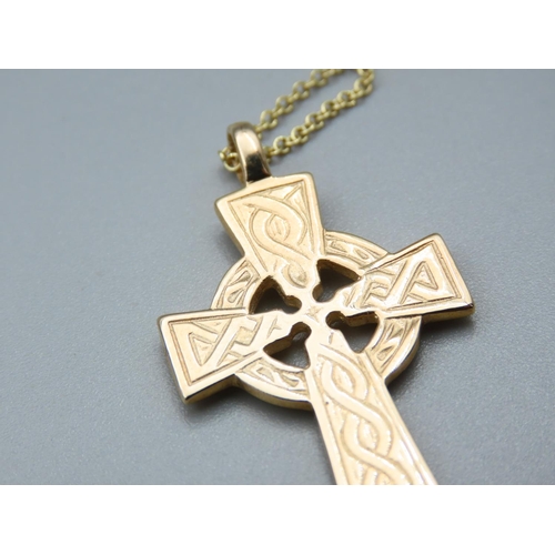 189 - 9 Carat Yellow Gold Celtic Cross Pendant Necklace Mounted on 9 Carat Yellow Gold Chain Pendant 5cm H... 