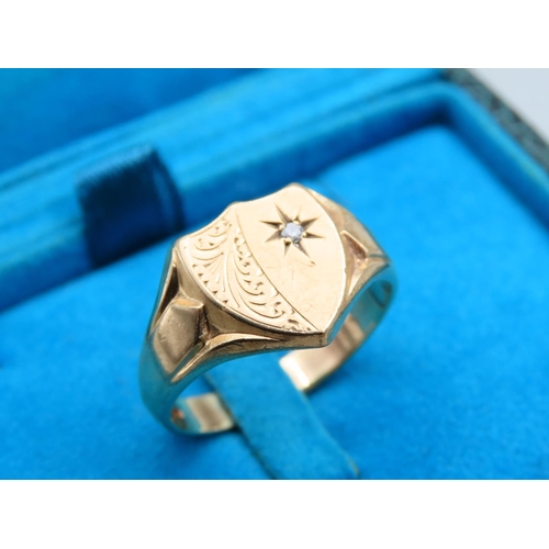 191 - Gents Signet Ring Shield Motif with Diamond 9 Carat Yellow Gold Ring Size X