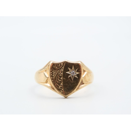 191 - Gents Signet Ring Shield Motif with Diamond 9 Carat Yellow Gold Ring Size X