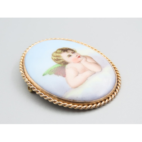 192 - Finely Painted Porcelain Panel Set Brooch Mounted in 9 Carat Yellow Gold Setting 5cm High