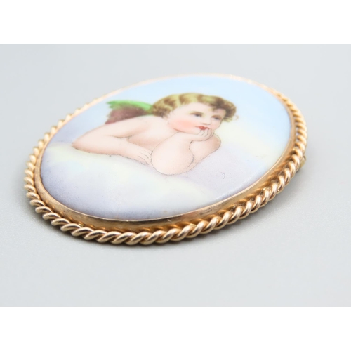 192 - Finely Painted Porcelain Panel Set Brooch Mounted in 9 Carat Yellow Gold Setting 5cm High