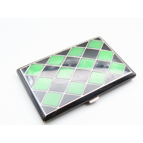 193 - Art Deco Silver Rectangular Form Cigarette Case with Harlequin Motif Enamel Decoration Hinged Cover ... 