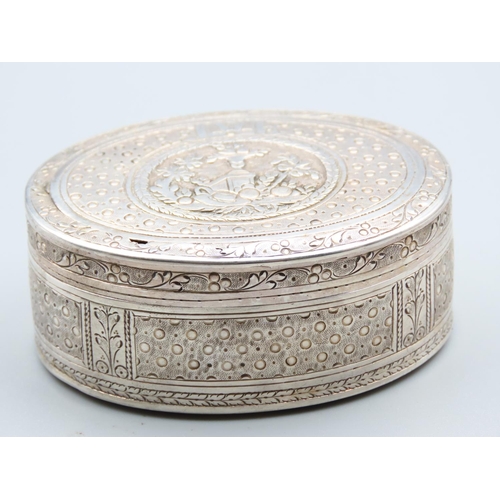 195 - Antique Silver Table Box Hinged Cover Attractive Incised Detailing Throughout 7cm Wide x 5cm Deep