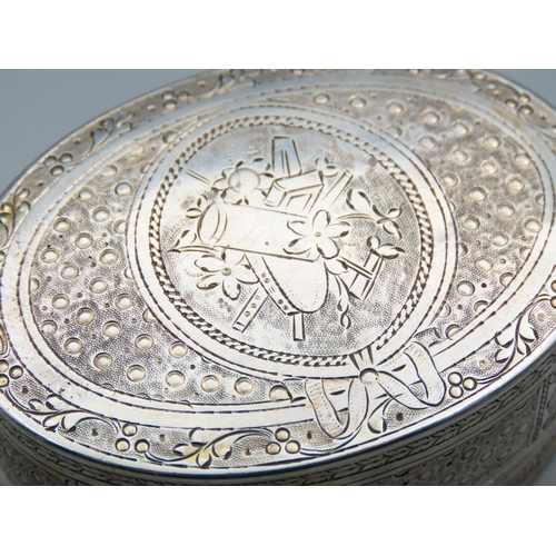 195 - Antique Silver Table Box Hinged Cover Attractive Incised Detailing Throughout 7cm Wide x 5cm Deep