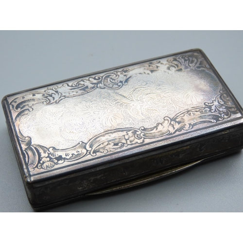 196 - Silver Snuffbox Hinged Cover Gilded Interior Finely Detailed 8cm x 4.5cm Deep