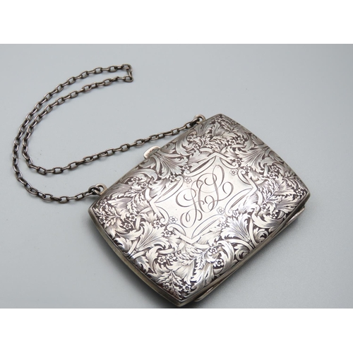 199 - Victorian Silver Ladies Evening Purse with Satin Lined Interior Hinged Cover Incised Detailing Throu... 