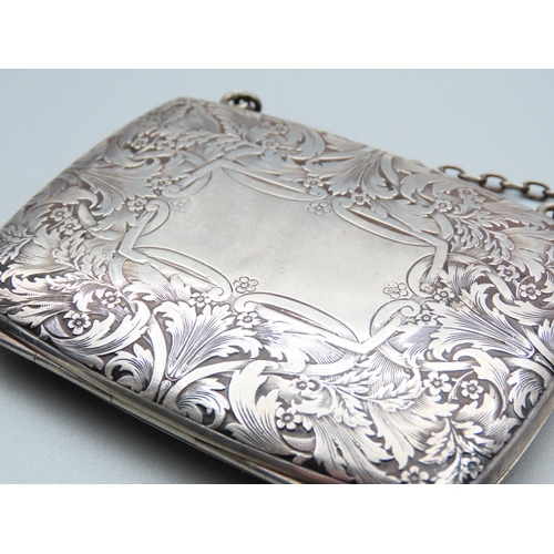 199 - Victorian Silver Ladies Evening Purse with Satin Lined Interior Hinged Cover Incised Detailing Throu... 