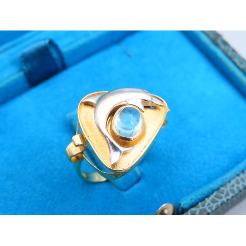 207 - 18 Carat Yellow and White Gold Modernist Form Aquamarine Set Dolphine Motif Decorated Ladies Ring Si... 