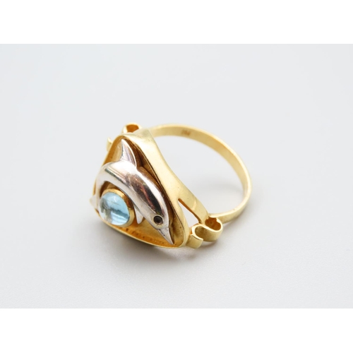 207 - 18 Carat Yellow and White Gold Modernist Form Aquamarine Set Dolphine Motif Decorated Ladies Ring Si... 