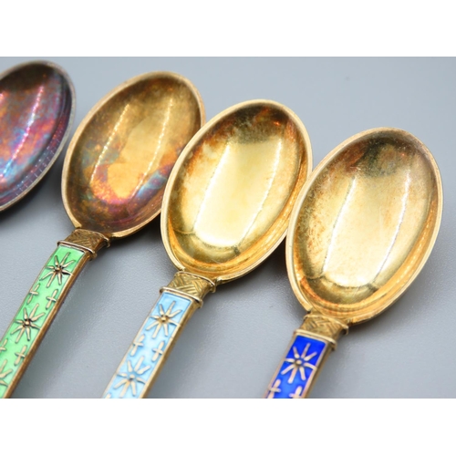 211 - Set of Six Enamel Decorated Silver Teaspoons with Further Gilded Decoration Each 9cm Long