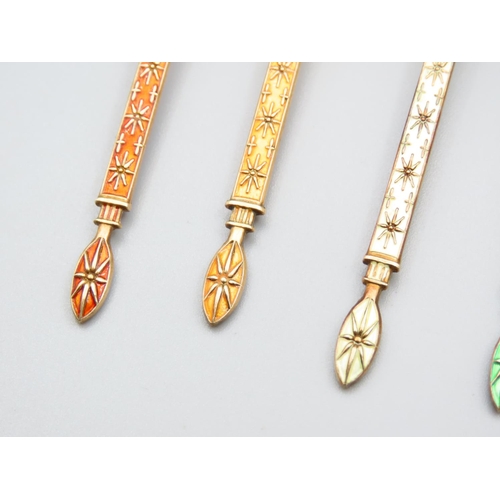 211 - Set of Six Enamel Decorated Silver Teaspoons with Further Gilded Decoration Each 9cm Long