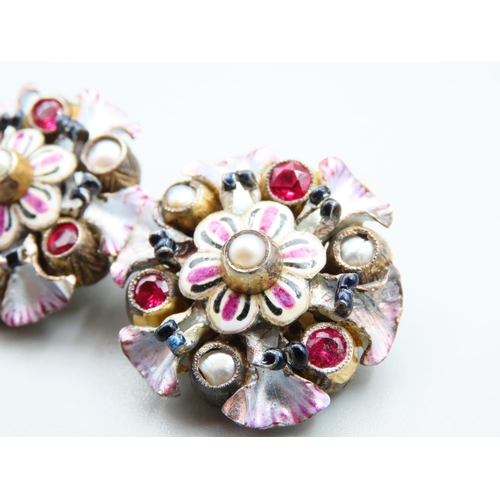 212 - Austrian Hungarian Antique Silver Set Ruby and Pearls Sweet Earrings and Brooch Each 3cm Diameter