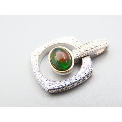 214 - Cabochon Cut Polished Opal Set Silver and 14 Carat White Gold Necklace Pendant 3cm High Attractively... 