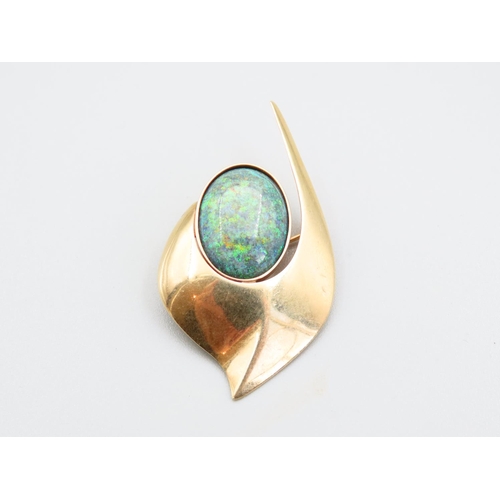 221 - Opal Set 14 Carat Yellow Gold Ladies Broach Modernist Form Vintage 5cm Wide