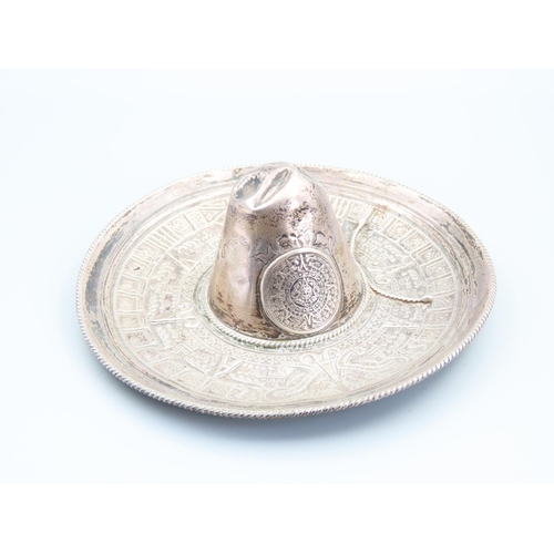 225 - Mexican Silver Sombrero Motif Desk Tidy or Pin Dish 14cm Diameter Incised Decoration Throughout