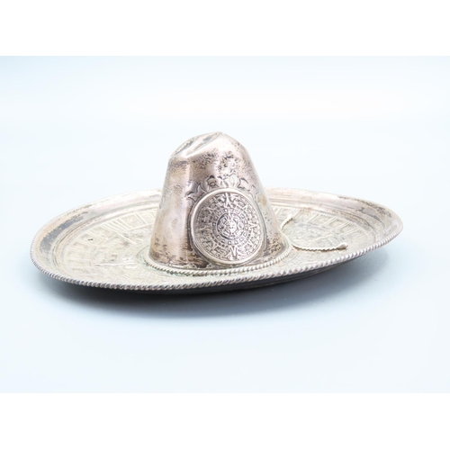 225 - Mexican Silver Sombrero Motif Desk Tidy or Pin Dish 14cm Diameter Incised Decoration Throughout