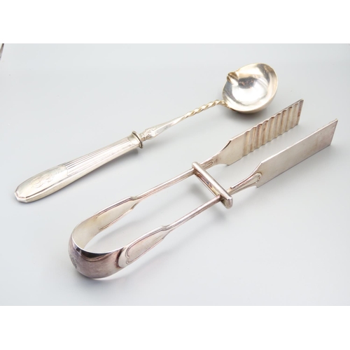 227 - Silver Handled Pourer and Silver Plated Server Thongs of Large Size 26cm Long and 28cm Long