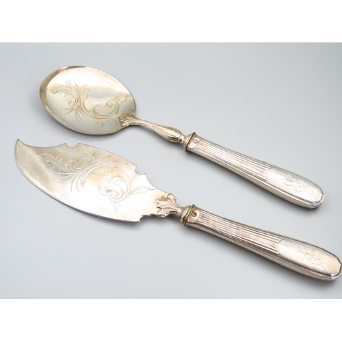 228 - Silver Handled Serving Spoon and Silver Handled Cake Knife with Engraved  Decoration to Blades Frenc... 