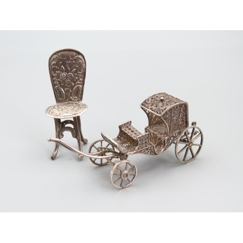 241 - Novelty Silver Carriage Attractively Detailed with Salon Chair Silver Two Pieces in Lot