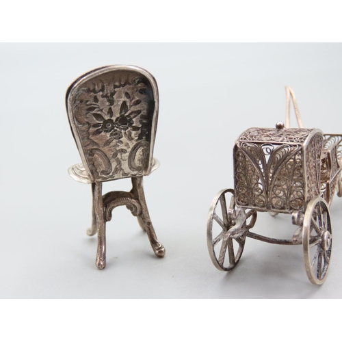 241 - Novelty Silver Carriage Attractively Detailed with Salon Chair Silver Two Pieces in Lot