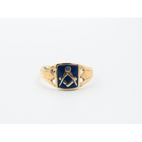 258 - Masonic Interest 9 Carat Yellow Gold Gentleman's Ring Enamel Decorated Ring Size S Heavy