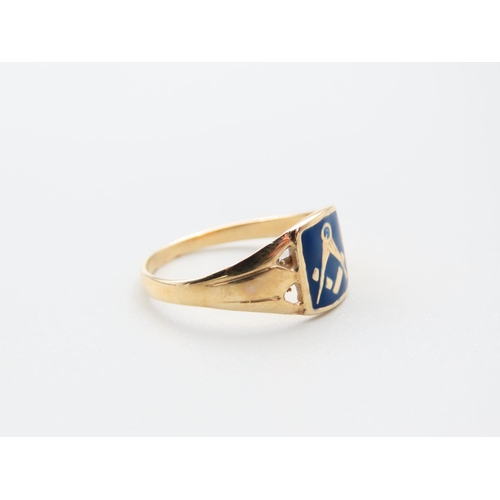 258 - Masonic Interest 9 Carat Yellow Gold Gentleman's Ring Enamel Decorated Ring Size S Heavy