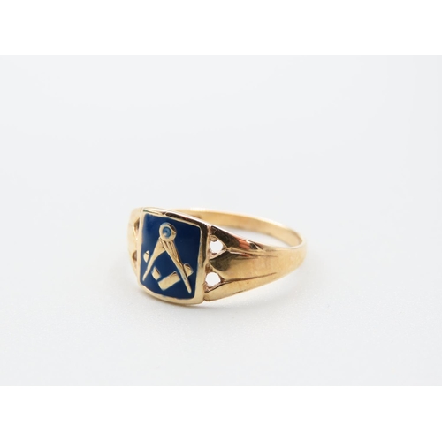 258 - Masonic Interest 9 Carat Yellow Gold Gentleman's Ring Enamel Decorated Ring Size S Heavy