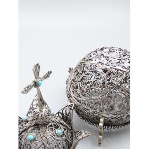 27 - Unusual Antique Persian Silver Sensor with Cover Cross Motif Finial Decoration 17cm High x 11cm Diam... 