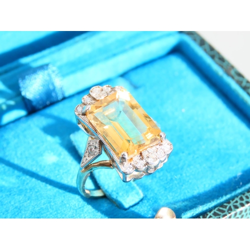 275 - Citrine and Diamond Set Ladies Ring Emerald Cut Centerstone Set on 9 Carat Yellow Gold Band Ring Siz... 