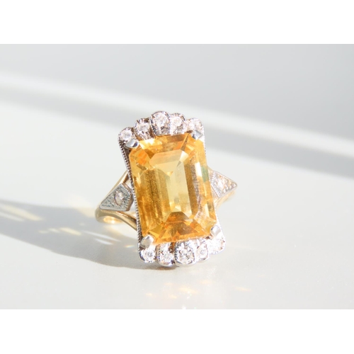 275 - Citrine and Diamond Set Ladies Ring Emerald Cut Centerstone Set on 9 Carat Yellow Gold Band Ring Siz... 