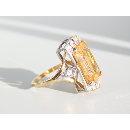 275 - Citrine and Diamond Set Ladies Ring Emerald Cut Centerstone Set on 9 Carat Yellow Gold Band Ring Siz... 