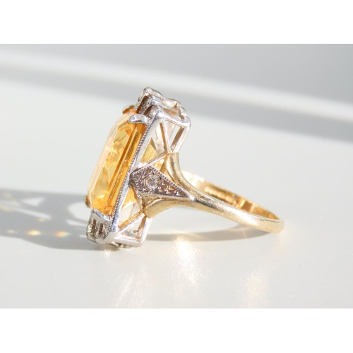 275 - Citrine and Diamond Set Ladies Ring Emerald Cut Centerstone Set on 9 Carat Yellow Gold Band Ring Siz... 