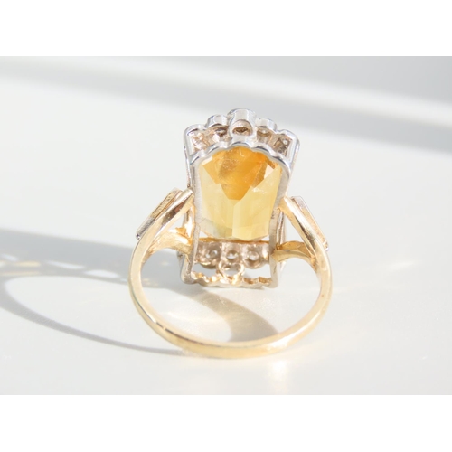 275 - Citrine and Diamond Set Ladies Ring Emerald Cut Centerstone Set on 9 Carat Yellow Gold Band Ring Siz... 