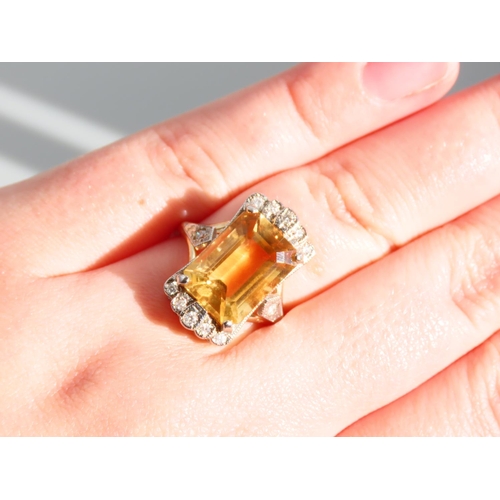 275 - Citrine and Diamond Set Ladies Ring Emerald Cut Centerstone Set on 9 Carat Yellow Gold Band Ring Siz... 