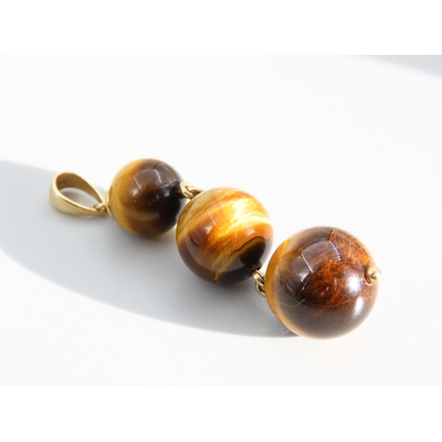 277 - 9 Carat Gold Set Tigers Eye Three Drop Necklace Pendant 5cm Drop