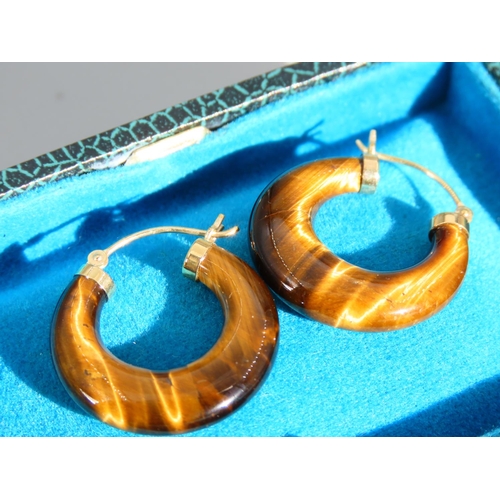 278 - 9 Carat Yellow Gold Set Tigers Eye Hoop Earrings Each 2.5cm Diameter