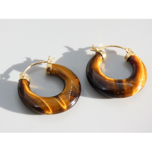 278 - 9 Carat Yellow Gold Set Tigers Eye Hoop Earrings Each 2.5cm Diameter