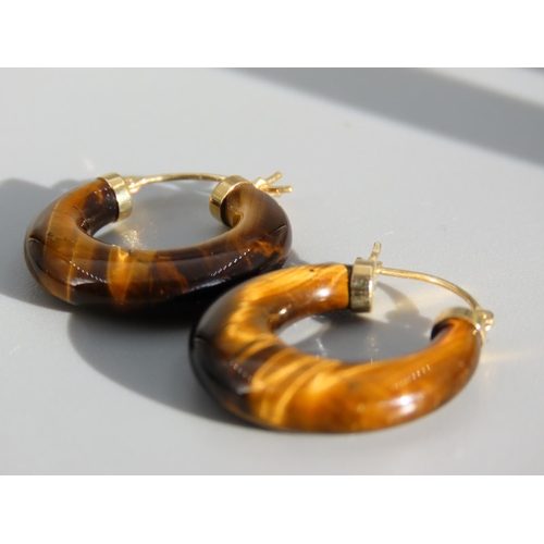 278 - 9 Carat Yellow Gold Set Tigers Eye Hoop Earrings Each 2.5cm Diameter