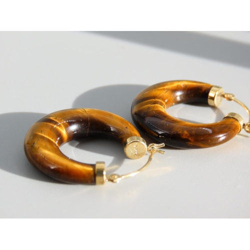 278 - 9 Carat Yellow Gold Set Tigers Eye Hoop Earrings Each 2.5cm Diameter