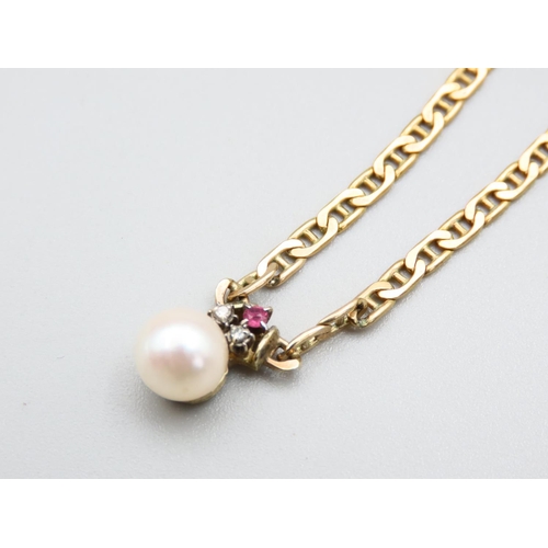 285 - Pearl Ruby and Diamond Set Ladies Pendant Necklace Mounted on 9 Carat Yellow Gold Further Set on 9 C... 