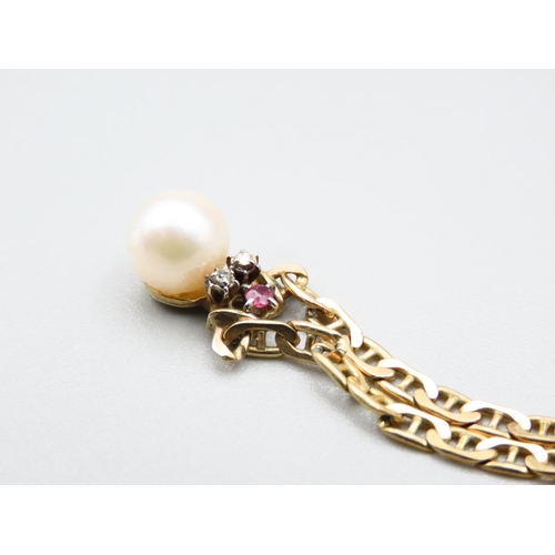 285 - Pearl Ruby and Diamond Set Ladies Pendant Necklace Mounted on 9 Carat Yellow Gold Further Set on 9 C... 